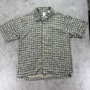 Bumka Bibas Shirt Mens Large Gray Geometric Silk Hawaiian Camp Collar Button Up